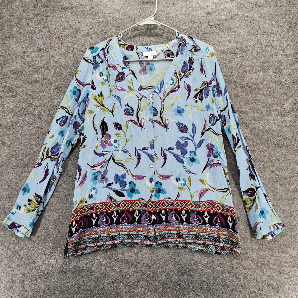 J Jill Shirt Womens Small Long Sleeve Blue Floral Button Front